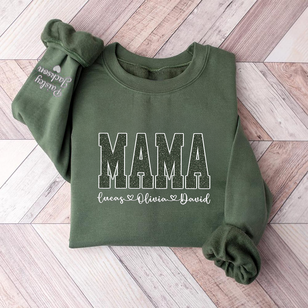 Custom Mom Glitter Embroidered Sweatshirt With Linear Hollow Heart children‘s Name | Mother's Day Gift