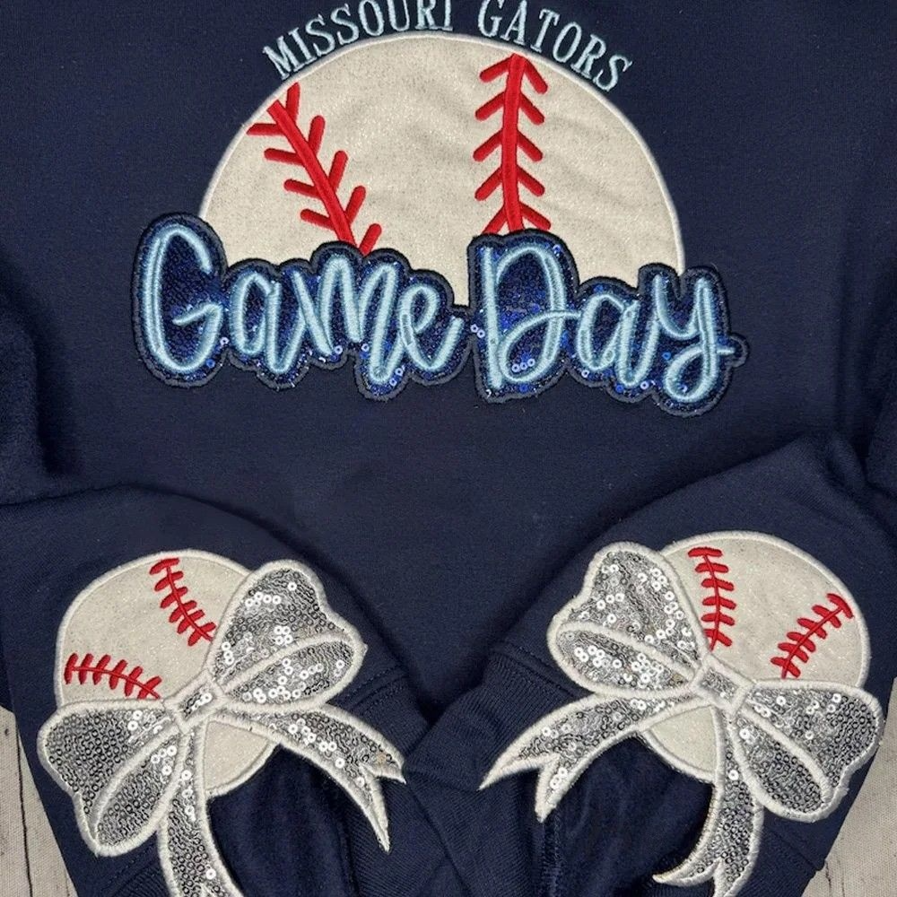 Personalized Baseball Game Day Sweatshirt with Side Bows Sequin Embroidered Pullover Hoodie