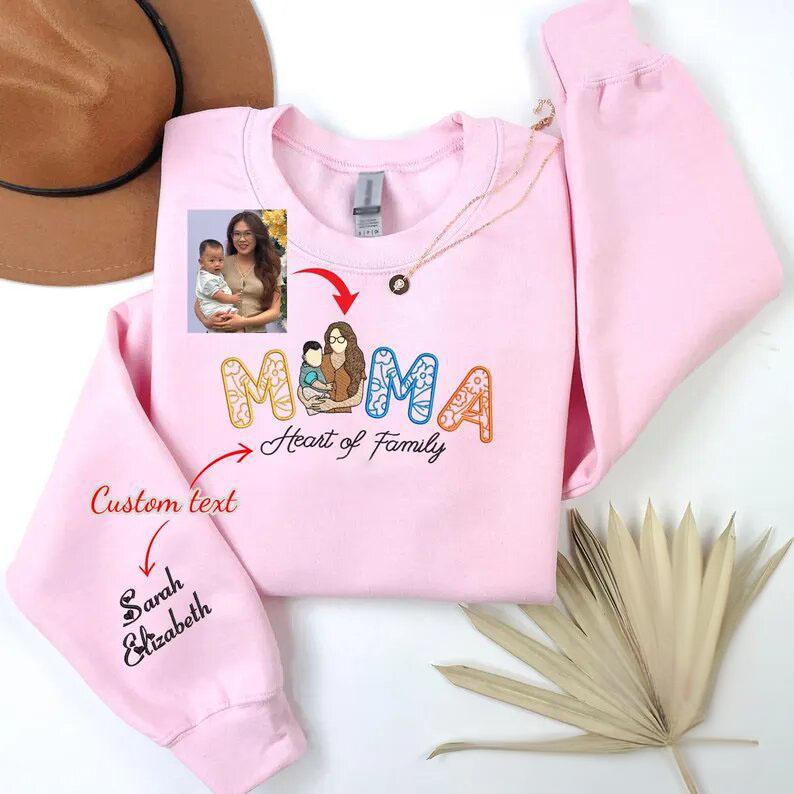 Custom Embroidered Portrait Photo Floral Mama Sweatshirt With Kids Names | Mother's Day Gift