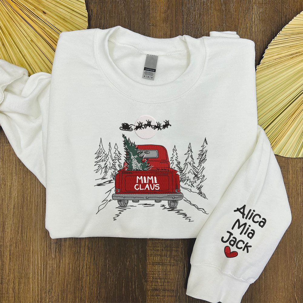 Custom Embroidered Mimi Claus Truck Xmas Sweatshirt with Kids Name on Sleeve | Christmas Gift for Mom