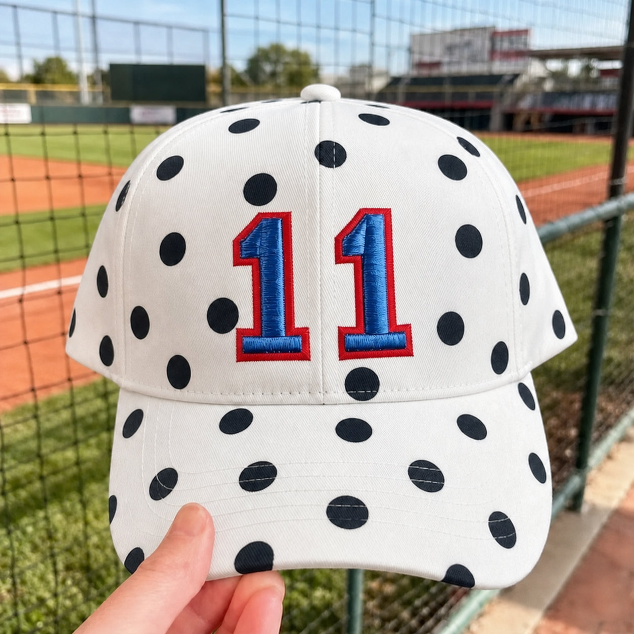 Custom Polka Dot Baseball Cap – Personalized Number Puff Embroidery Game Day Hat | Game Day Wear