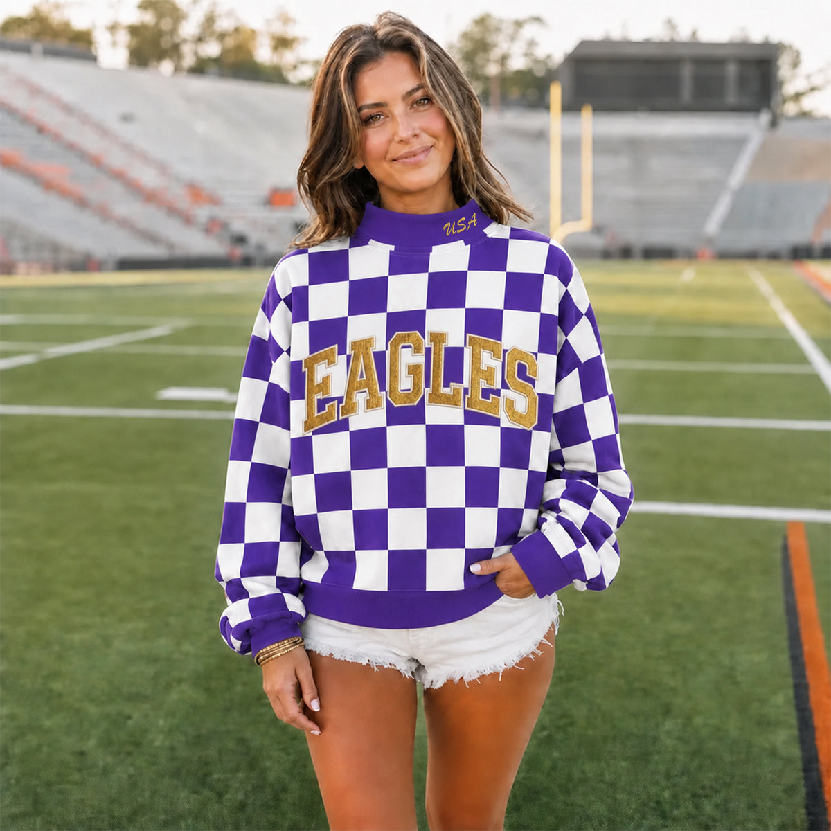 Custom Checkered Mock Neck Sweatshirt - Personalized Embroidered Team Name Stand-Up Collar Pullover