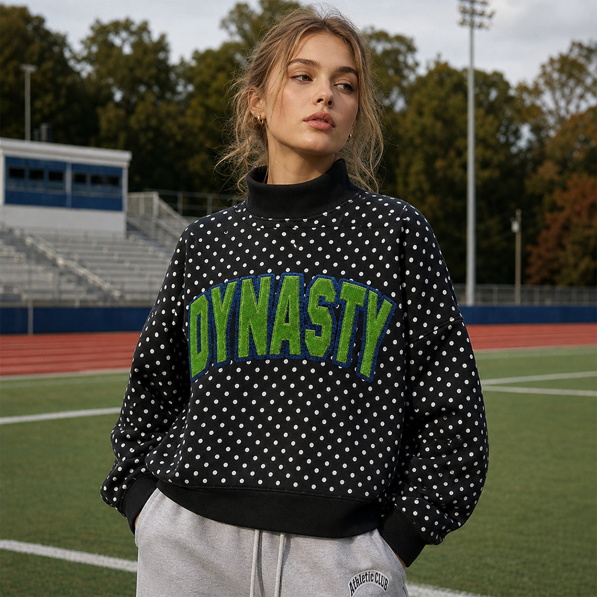 Custom Team Name Mock Neck Sweatshirt – Personalized Polka Dot Pullover with Sequin Embroidery | Game Day Wear