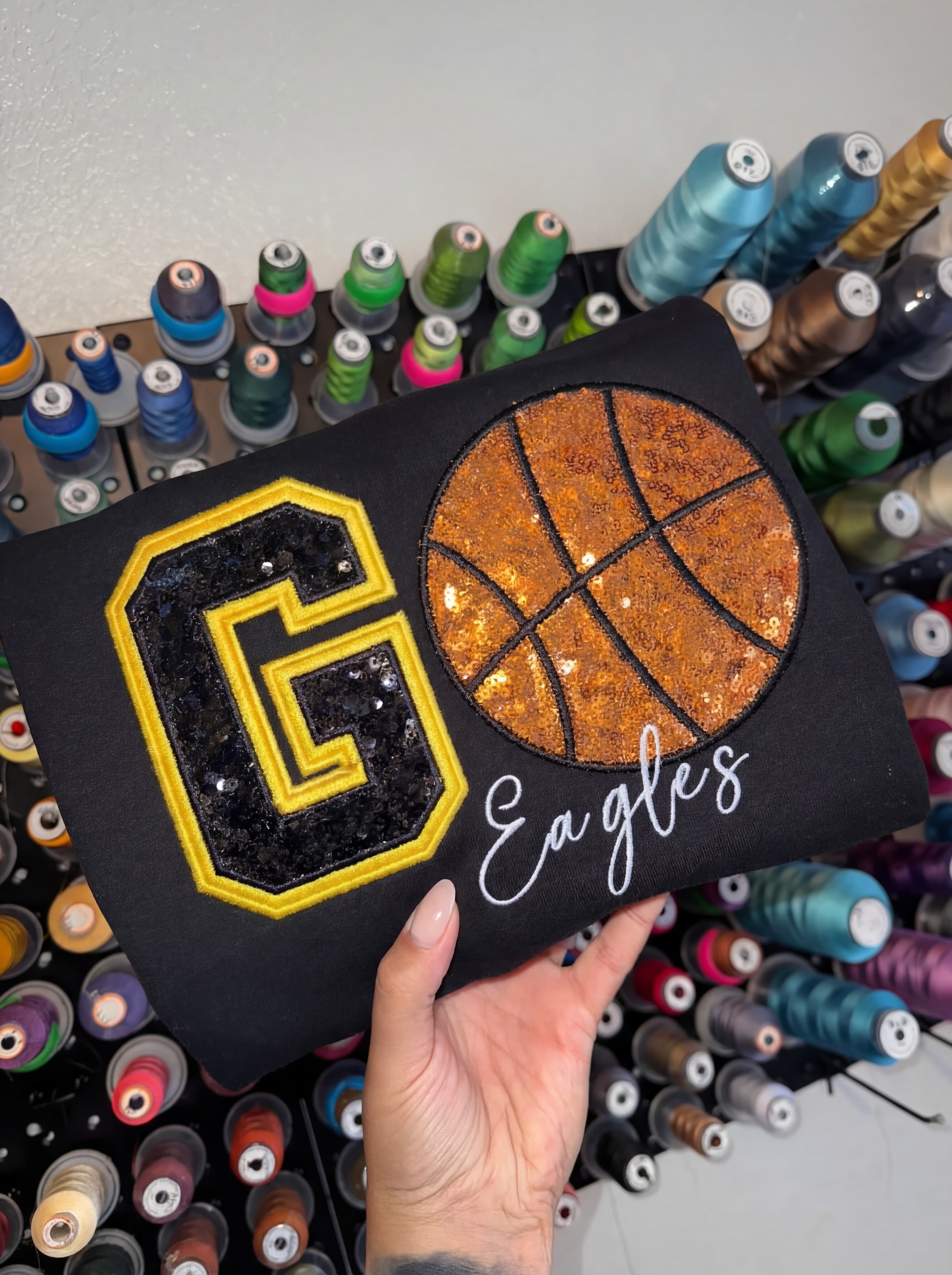 Custom Game Day Basketball Sweatshirt – Sequin Varsity Letter & Applique School Spirit Wear | Gifts for Sports Mom