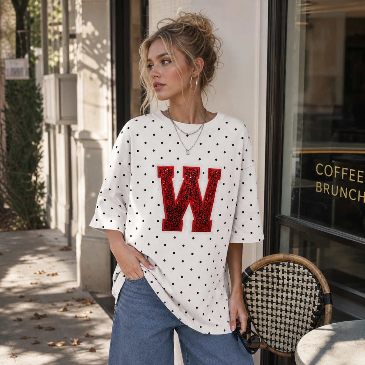 Custom Sequin Letters Polka Dot T-shirt – Personalized Glitter Numbers, Sports Fan Gift | Gifts for Sports Mom | Game Day Wear
