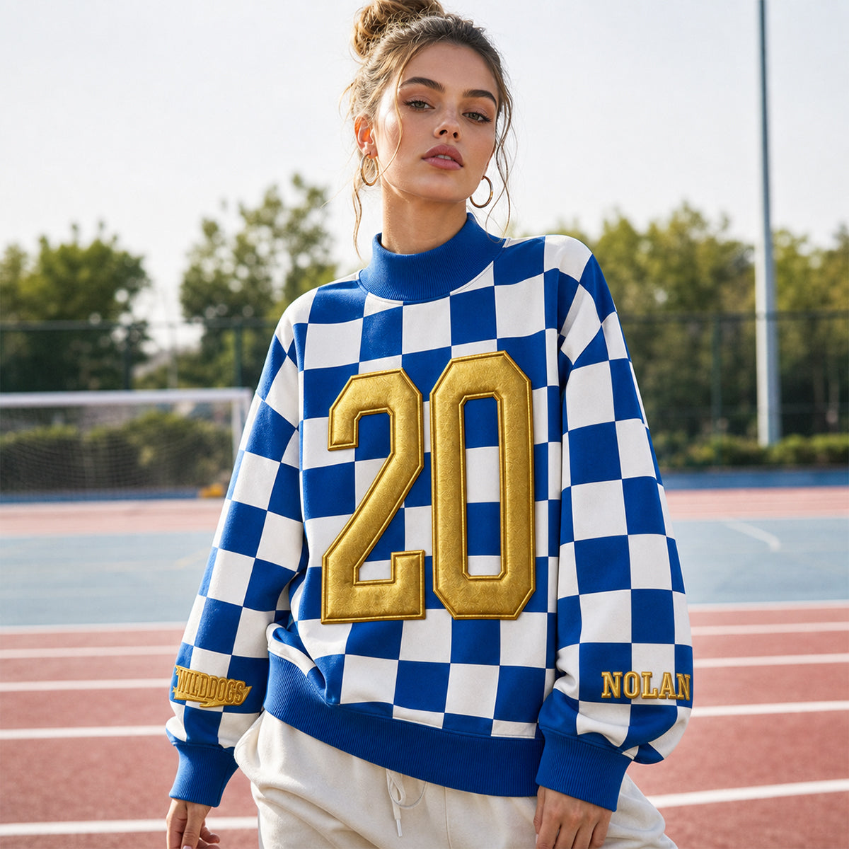 Custom Metallic Puff Number Checkered Mockneck - Personalized Stand Collar Team Spirit Jersey | Game Day School Spirit Wear