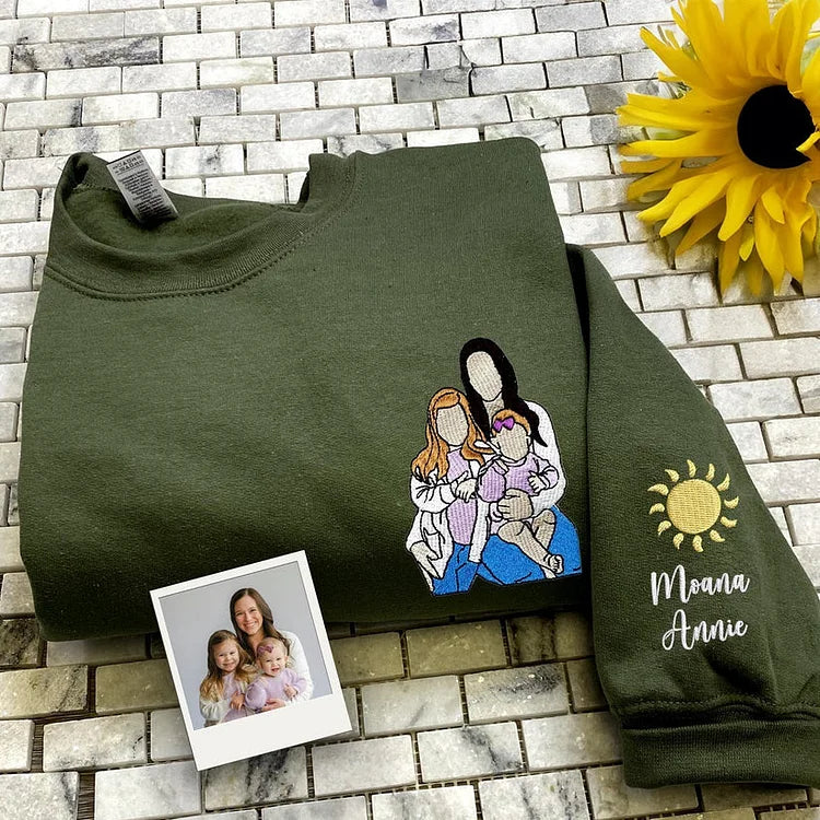 Custom Embroidered Photo Portrait T-shirt Hoodie For Mom - Unique Mother's Day Gift
