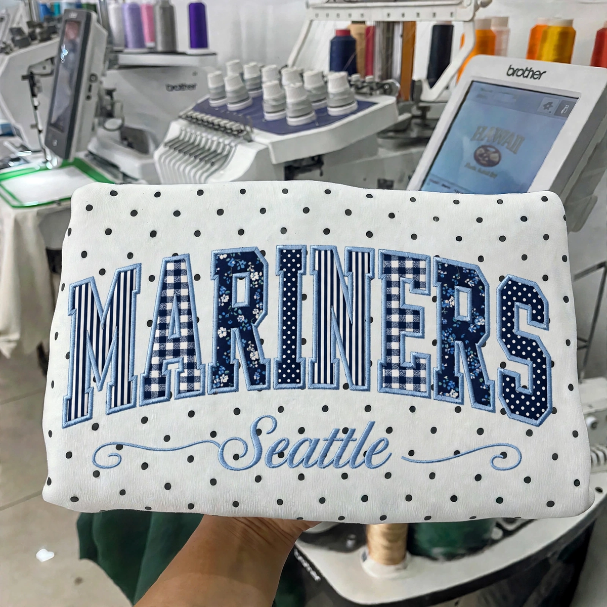 Custom Embroidered Patchwork Mix Fabric Baseball Team Polka Dot Sweatshirt | Game Day Wear