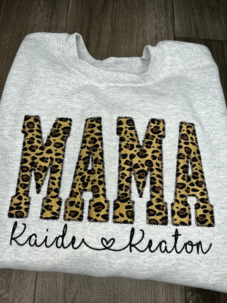 Custom Mama Embroidered Leopard Applique Sweatshirt With Children Name | Mother's Day Gift