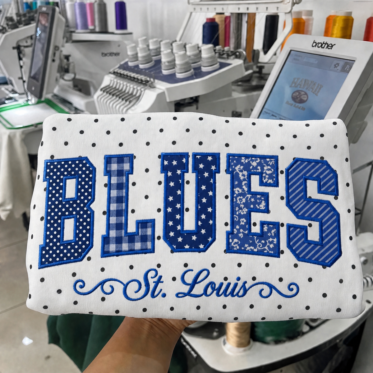 Custom Hockey Team Patchwork Embroidered Polka Dot Sweatshirt | Hockey Fan Game Day Gear