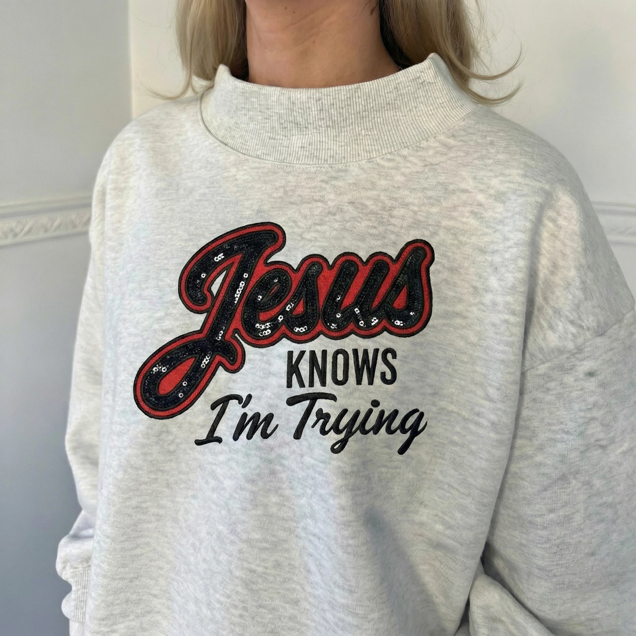 Personalized Text Sequin Mockneck Stand Collar Sweatshirt