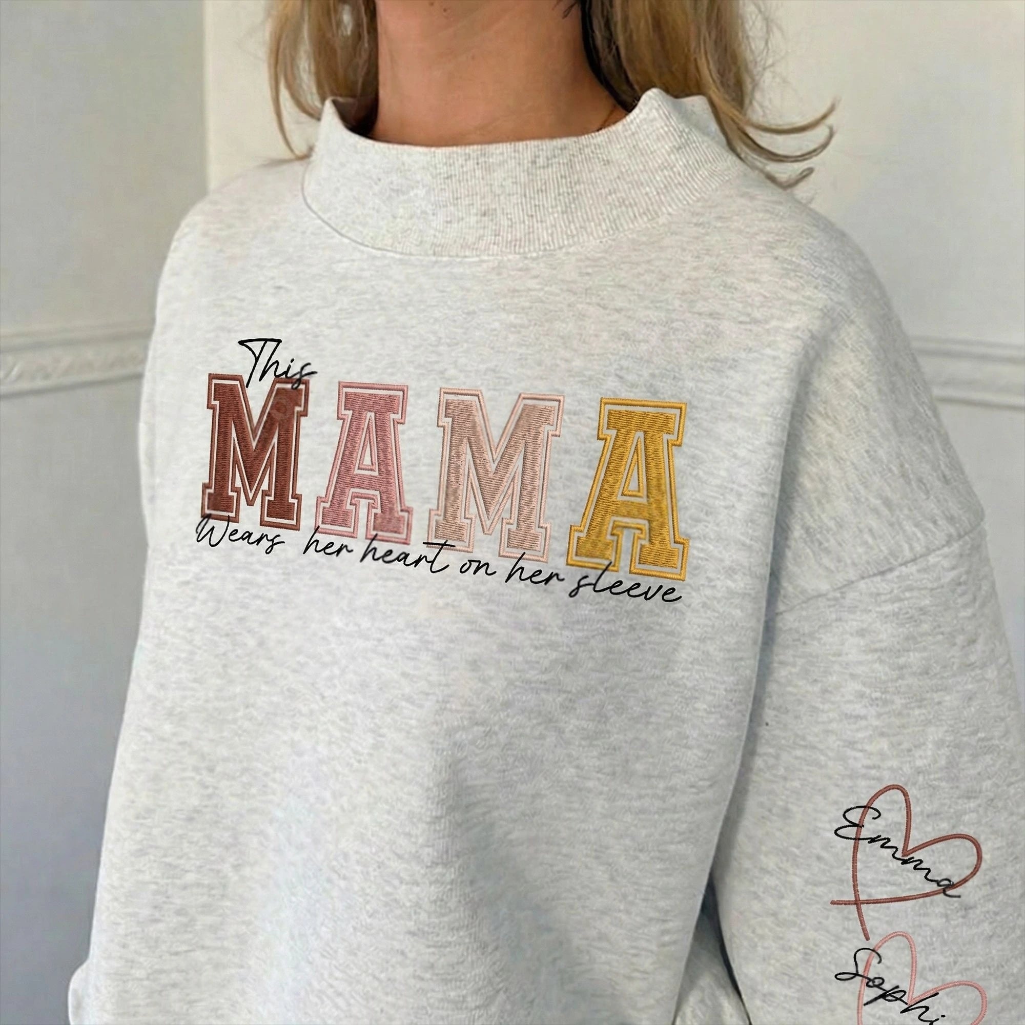 This Mama Wears Her Heart On Her Sleeve Stand Collar Sweatshirt – Personalized Kids Names Sleeve Embroidery, Washed Cotton Mother’s Day Gift for Mom | Mother's Day Gift