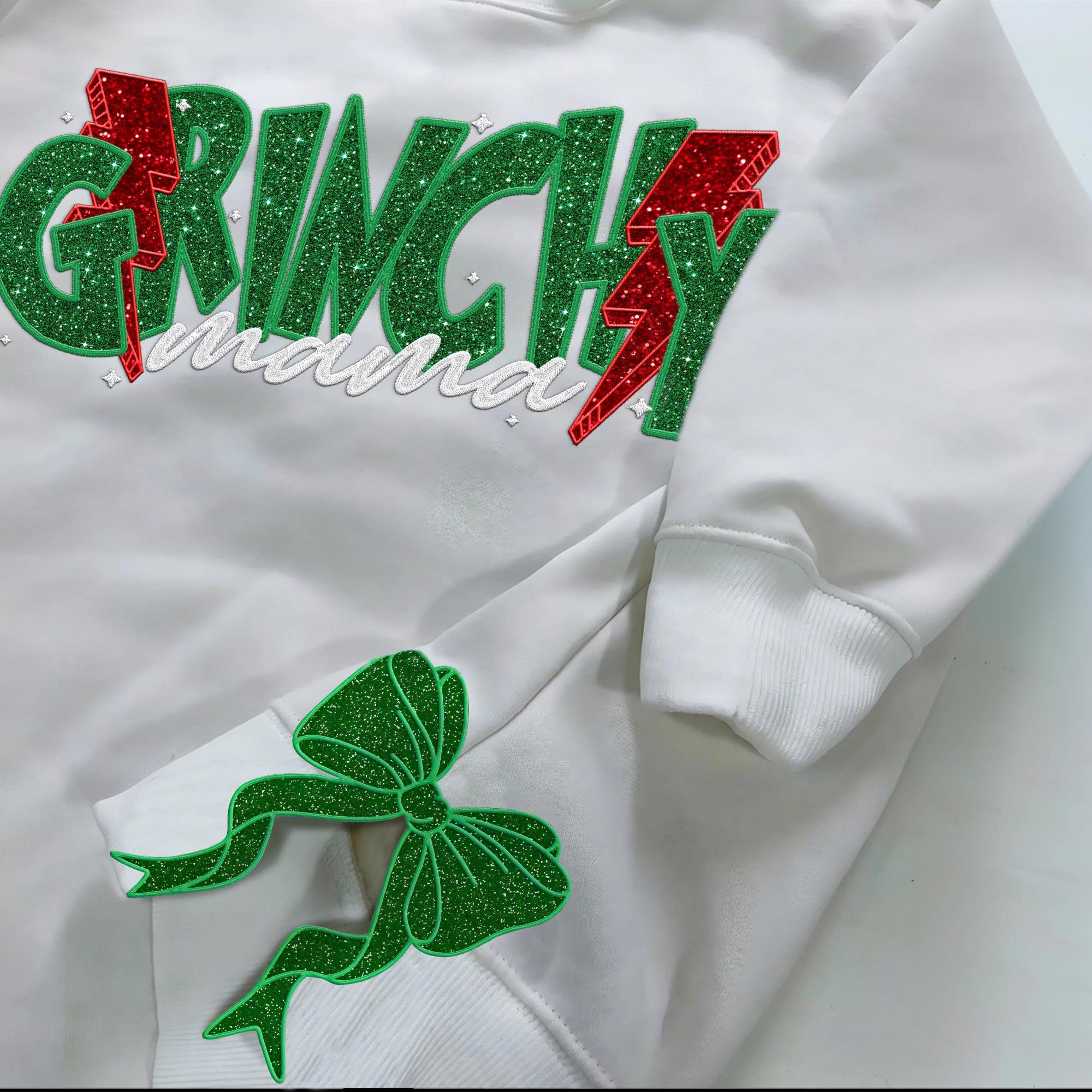 Custom Embroidered Glitter Side Bow Cut-Out Grinchy Christmas Mama Sweatshirt | Christmas Gift for Mom
