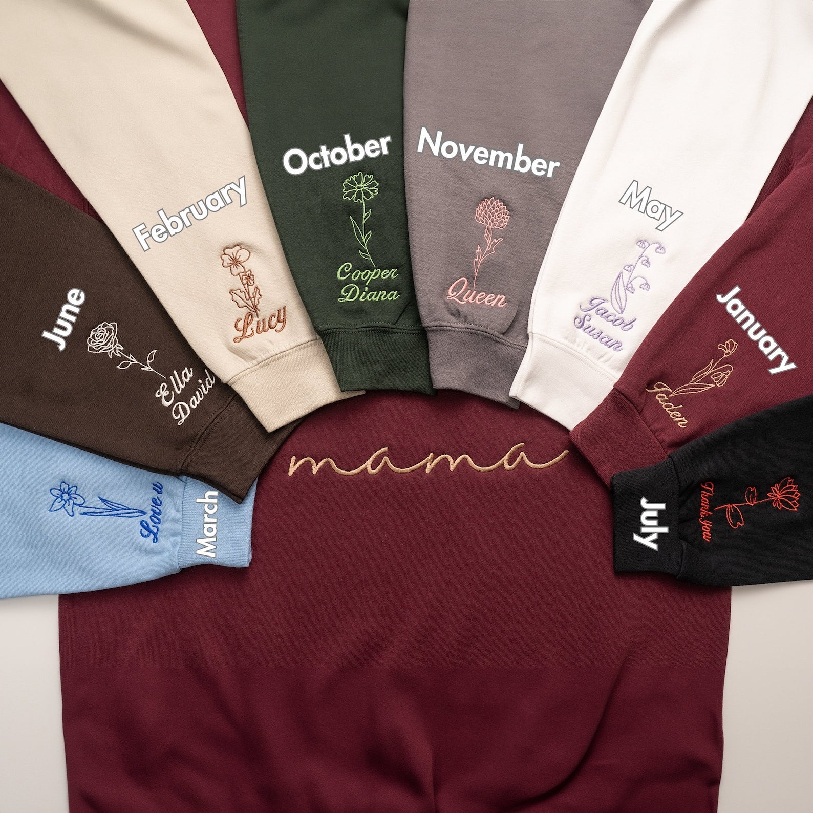 Custom Mama Embroidered Sweatshirt with Birth Flowers & Names on Sleeve | Mother's Day Gift