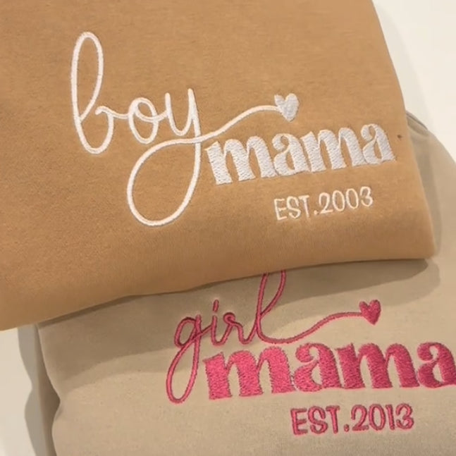 Custom Boy & Girl Mama Est Date Embroidered Sweatshirt | Mother's Day Gift