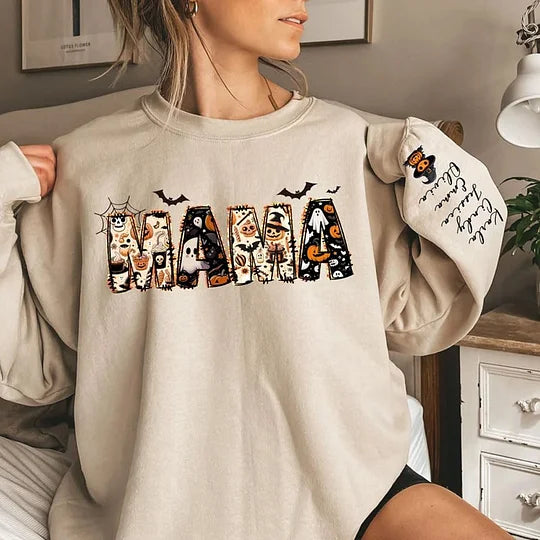 Personalized Halloween Spooky Mama Sweatshirt Gift for Mom with Kids Names