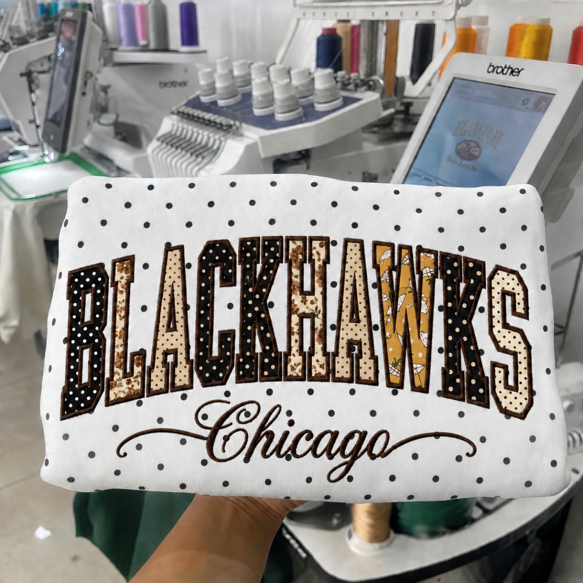Custom Hockey Team Patchwork Embroidered Polka Dot Sweatshirt | Hockey Fan Game Day Gear