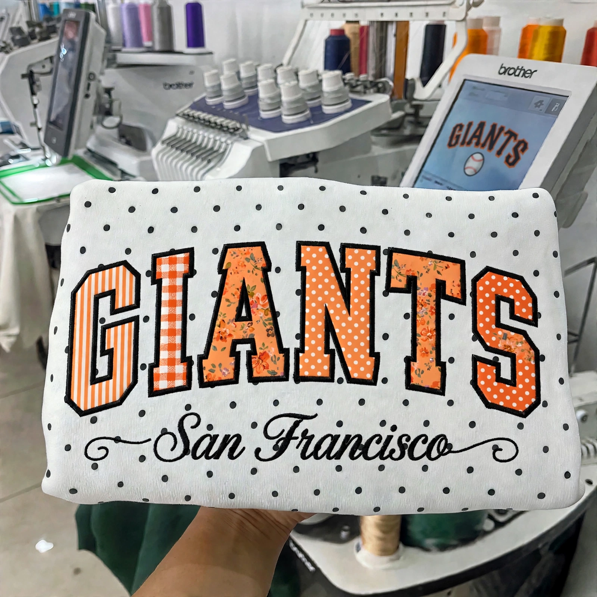 Custom Embroidered Patchwork Mix Fabric Baseball Team Polka Dot Sweatshirt | Game Day Wear