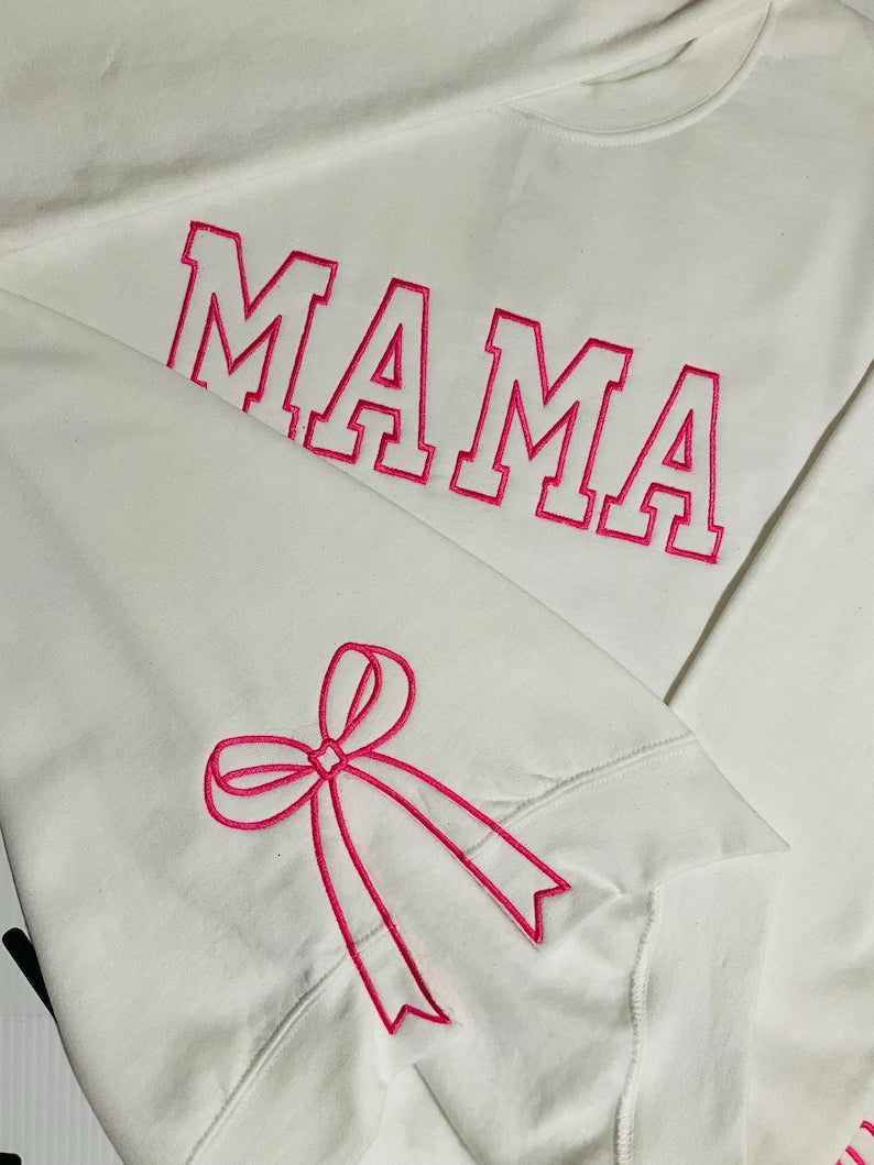 Custom Embroidered Mom Sweatshirt With Side Bow Design | Mother's Day Gift