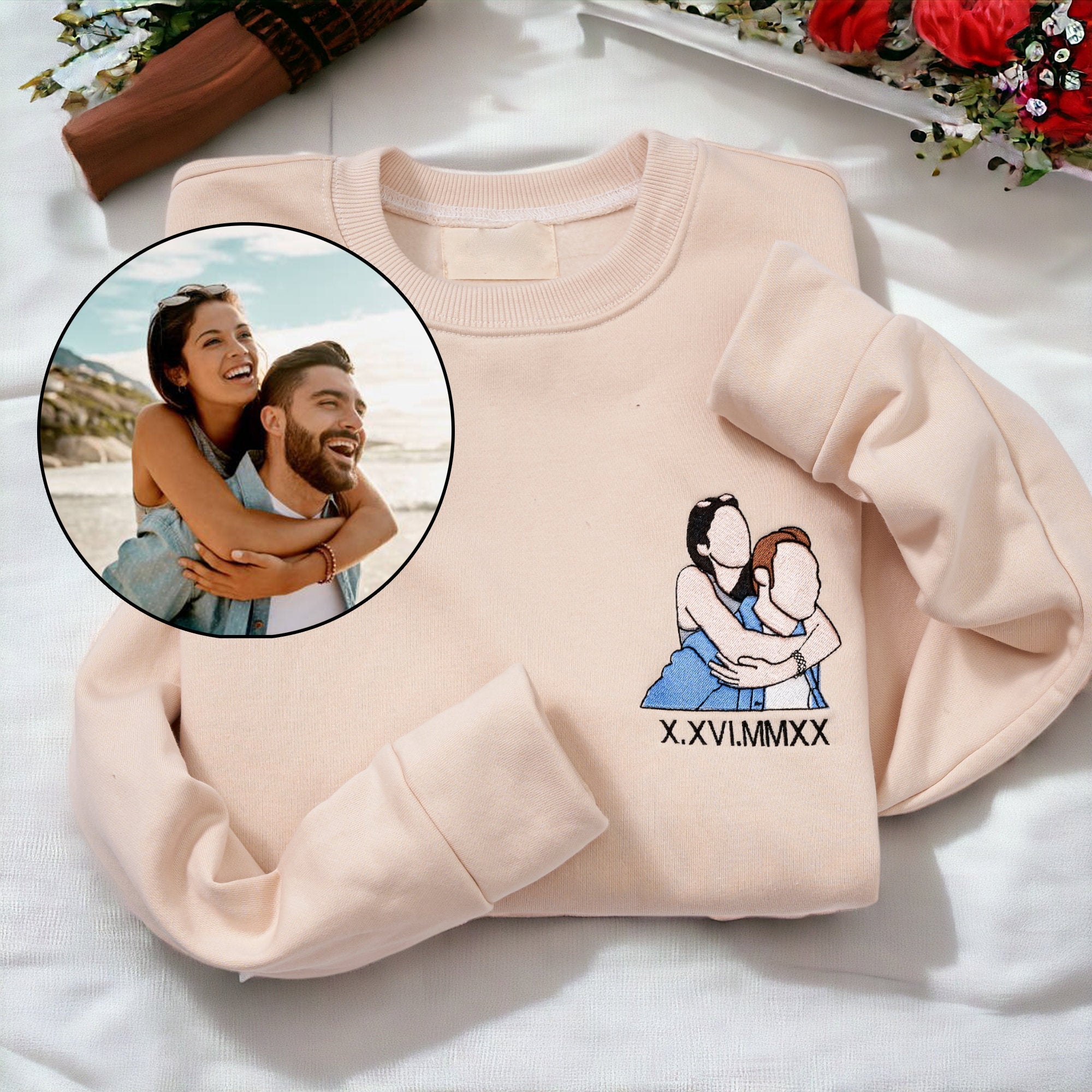 Custom Embroidered Couple Portrait Sweatshirt with Roman Numerals | Couple Anniversary Gift