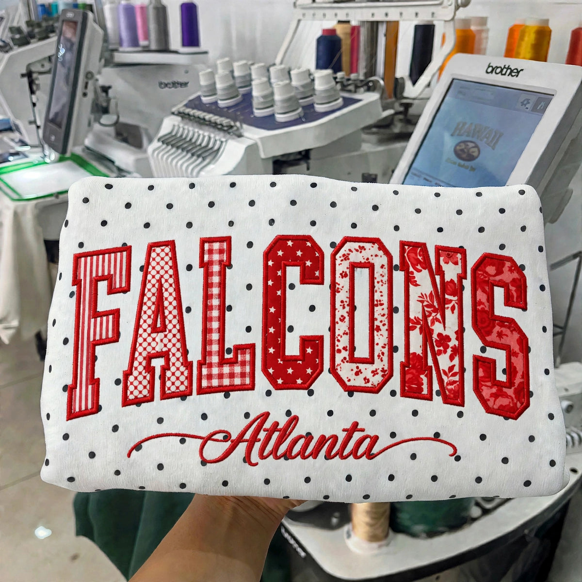 Custom Patchwork Fabric Embroidered Football Team Polka Dot Sweatshirt Game Day Wear
