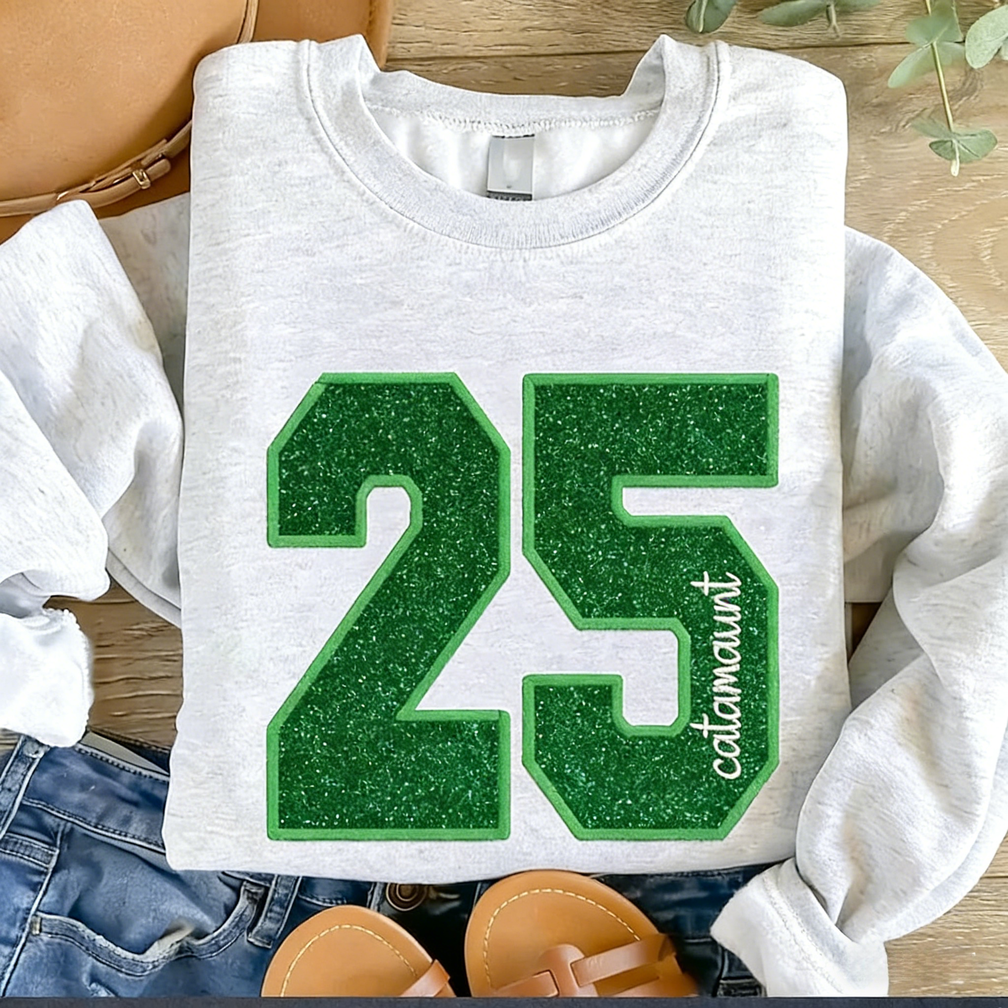 Personalized Sports Number and Letter Glitter Embroidered Crewneck Team Name Sweatshirt | Gifts for Sports Mom