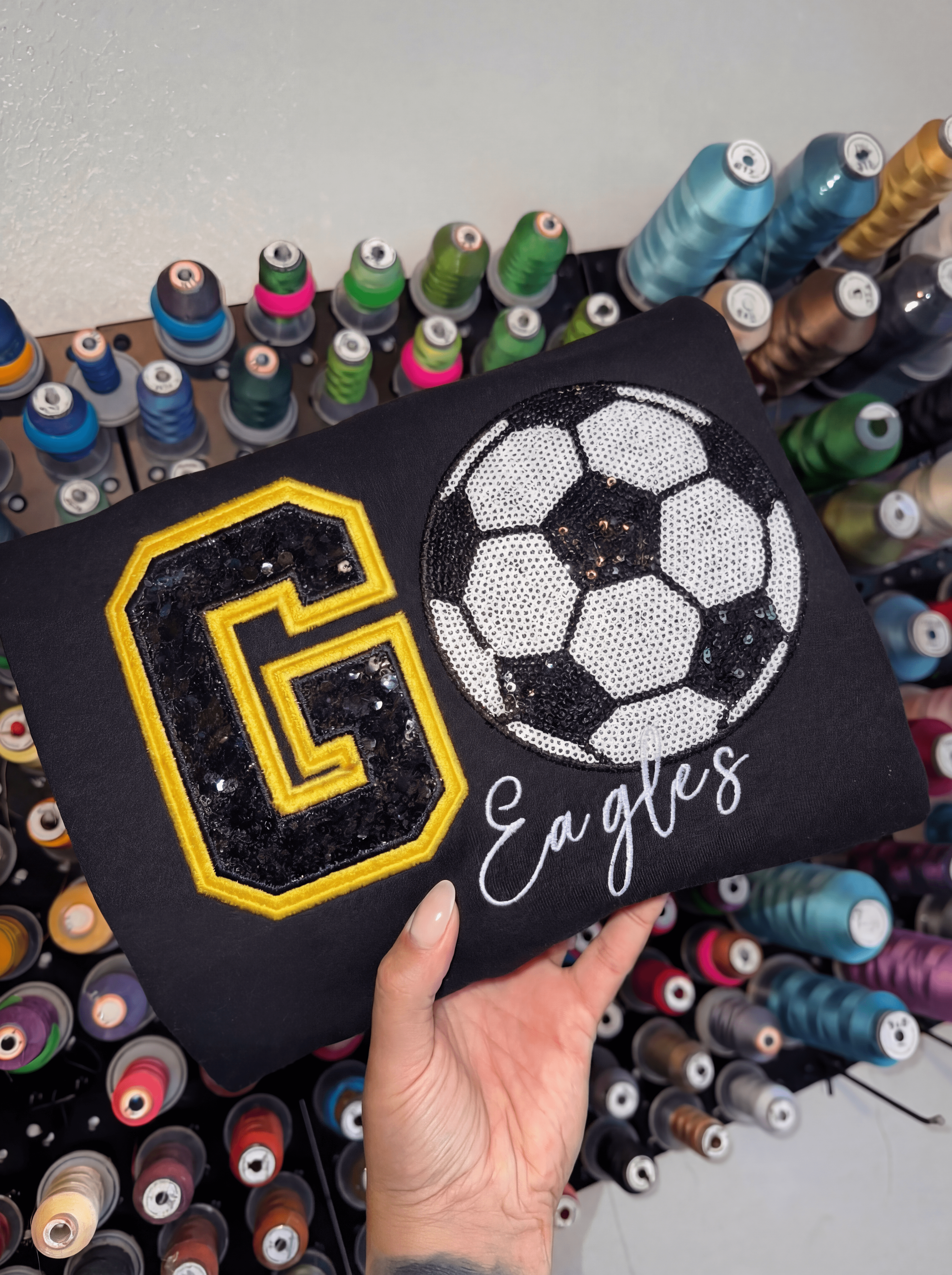Custom Game Day Soccer Sweatshirt – Sequin Varsity Letter & Applique School Spirit Wear | Gifts for Sports Mom