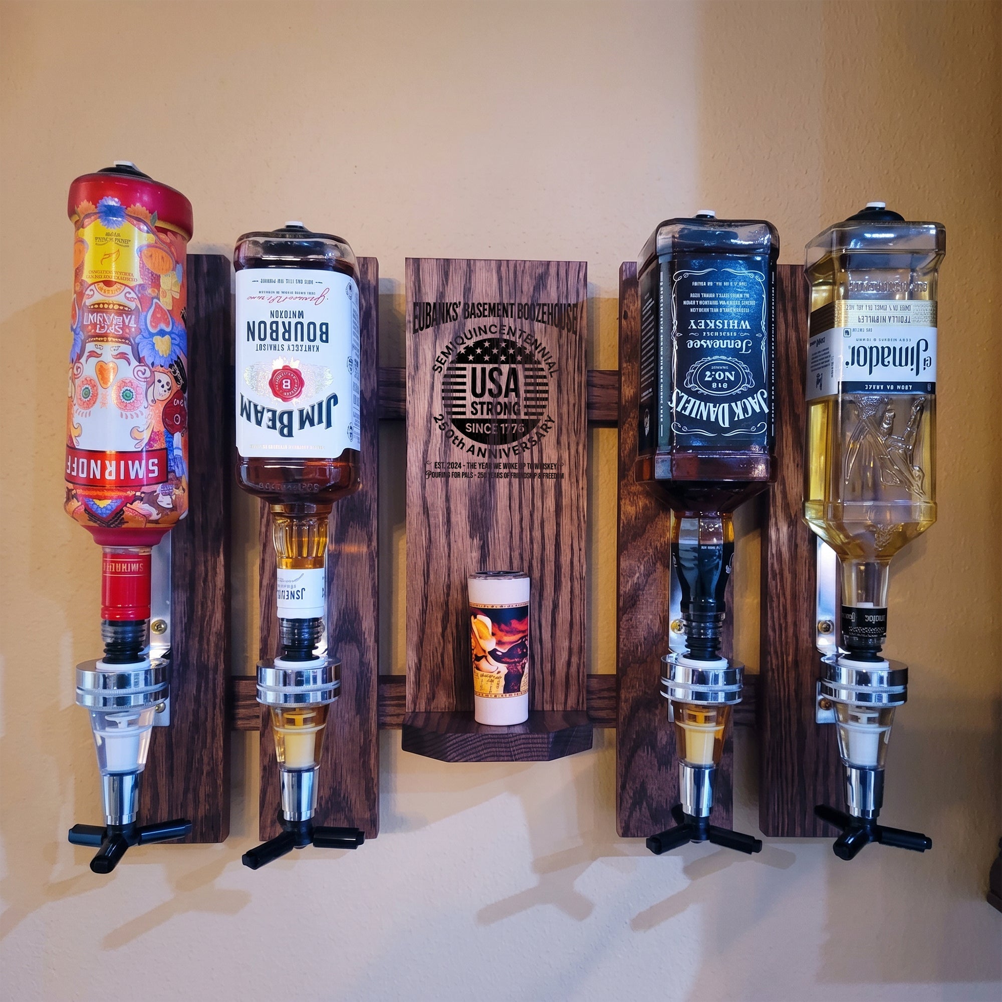 Custom Wall-Mounted Liquor Dispenser – USA Strong Since 1776 – Personalize Your Bar Name & Est. Year | USA 250th Anniversary Gift