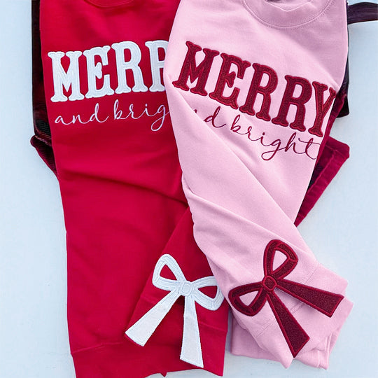 Custom Merry and Bright Embroidered Bow Sweatshirt