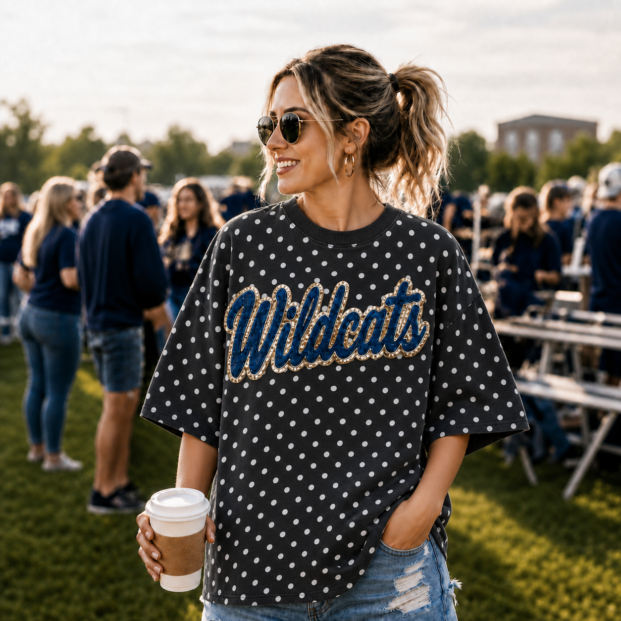 Custom Team Name Polka Dot T-Shirt – Denim Applique Game Day Tee