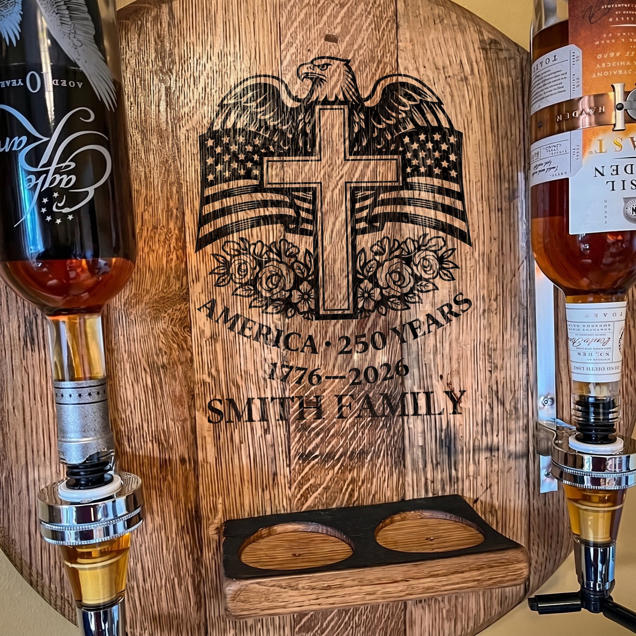 Personalized Round Wall-Mounted Liquor Dispenser – 1776-2026 America 250 Years with Custom Family Name | USA 250th Anniversary Gift