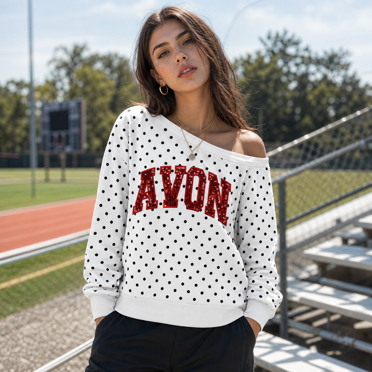 Custom Sequin Name or Team Off-Shoulder Polka Dot Sweatshirt – Personalized Glitter Letters| Gifts for Sports Mom | Game Day Wear