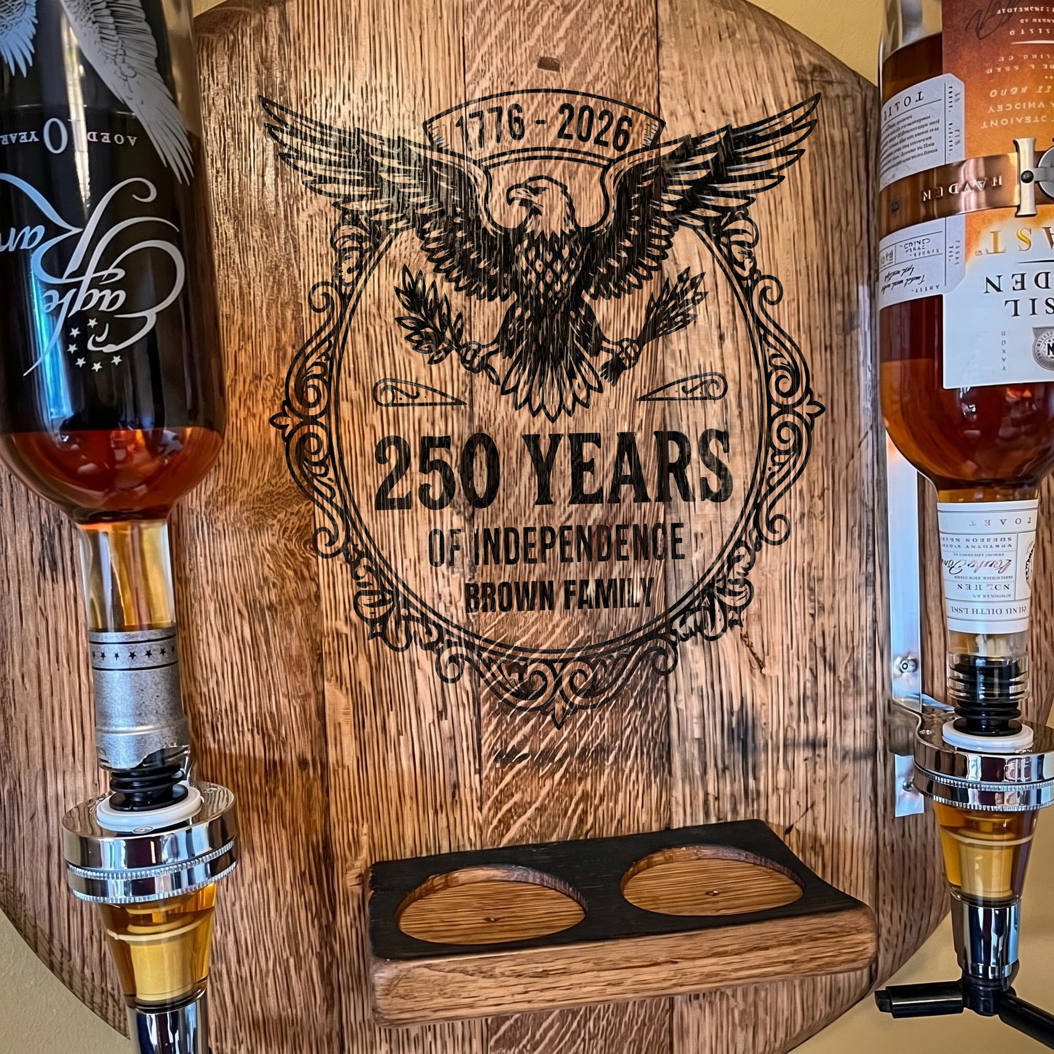 Personalized Round Wall-Mounted Liquor Dispenser – 250 Years of Independence with Custom Family Name | 1776–2026 Whisky Décor | USA 250th Anniversary Gift