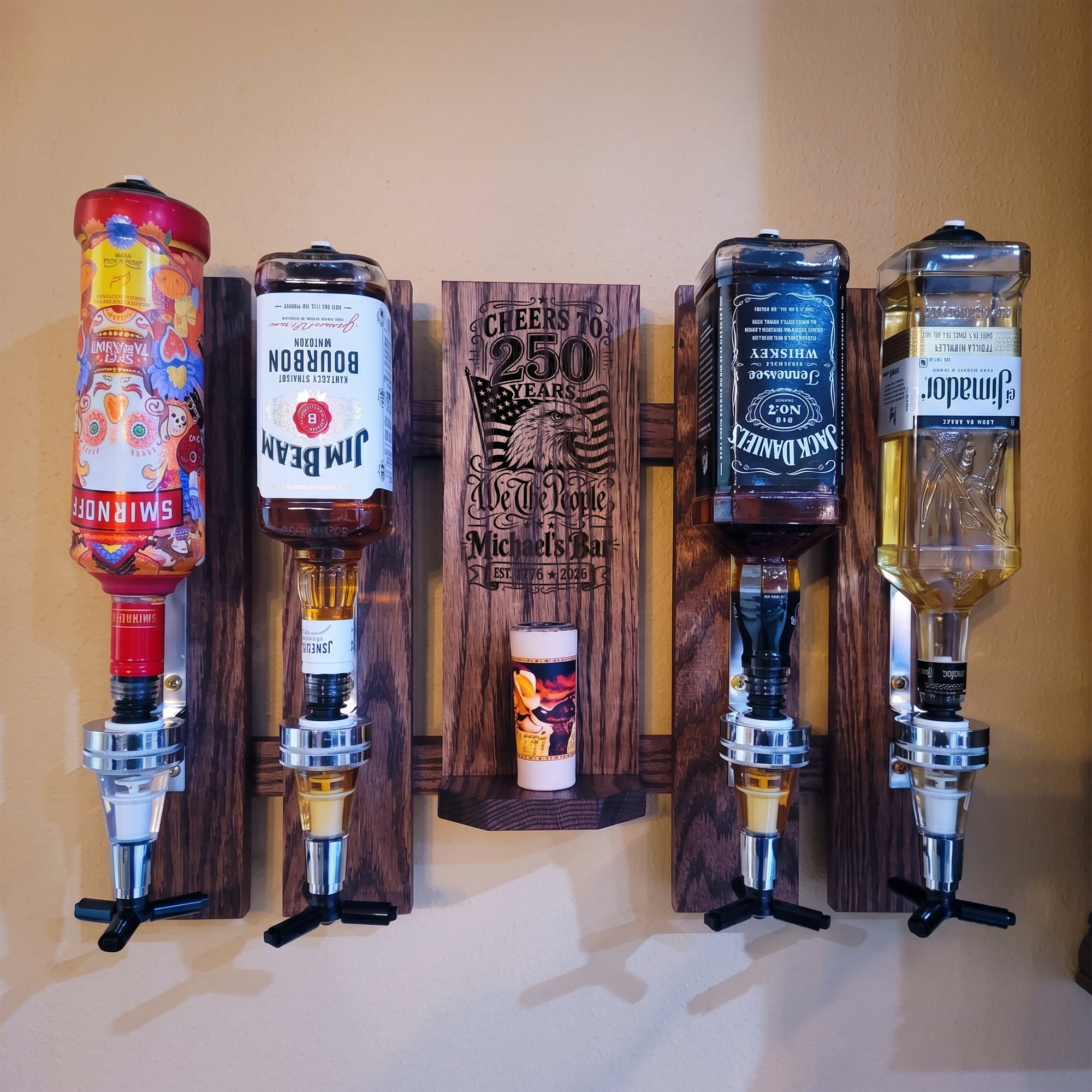 Cheers to 250 Years Wall-Mounted Liquor Dispenser – We The People Design – Personalize with Your Bar Name – Est. 1776 - 2026 | USA 250th Anniversary Gift