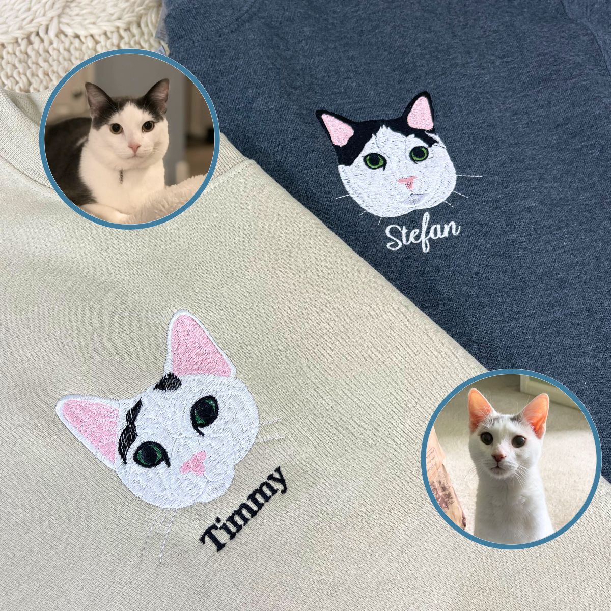 Custom Full-Color Cat Face Photo Embroidered Sweatshirt– Personalized Pet Portrait Sweatshirt | Gift For Pet Lovers