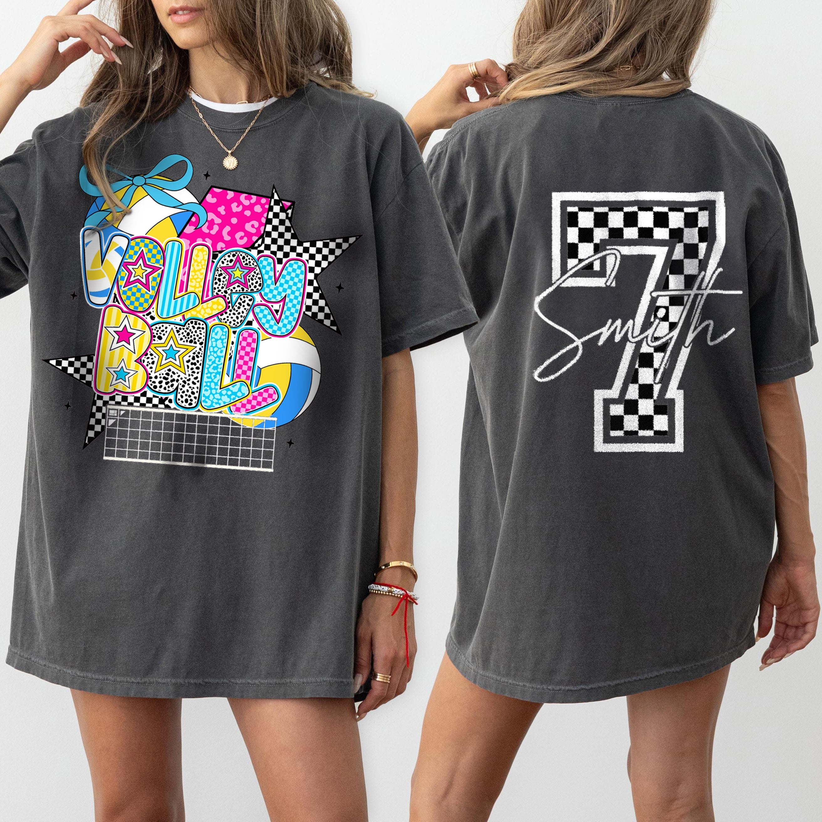 Personalized Volleyball Mama Pink Leopard Checkered Pattern Cheer T-shirt | Gifts for Sports Mom