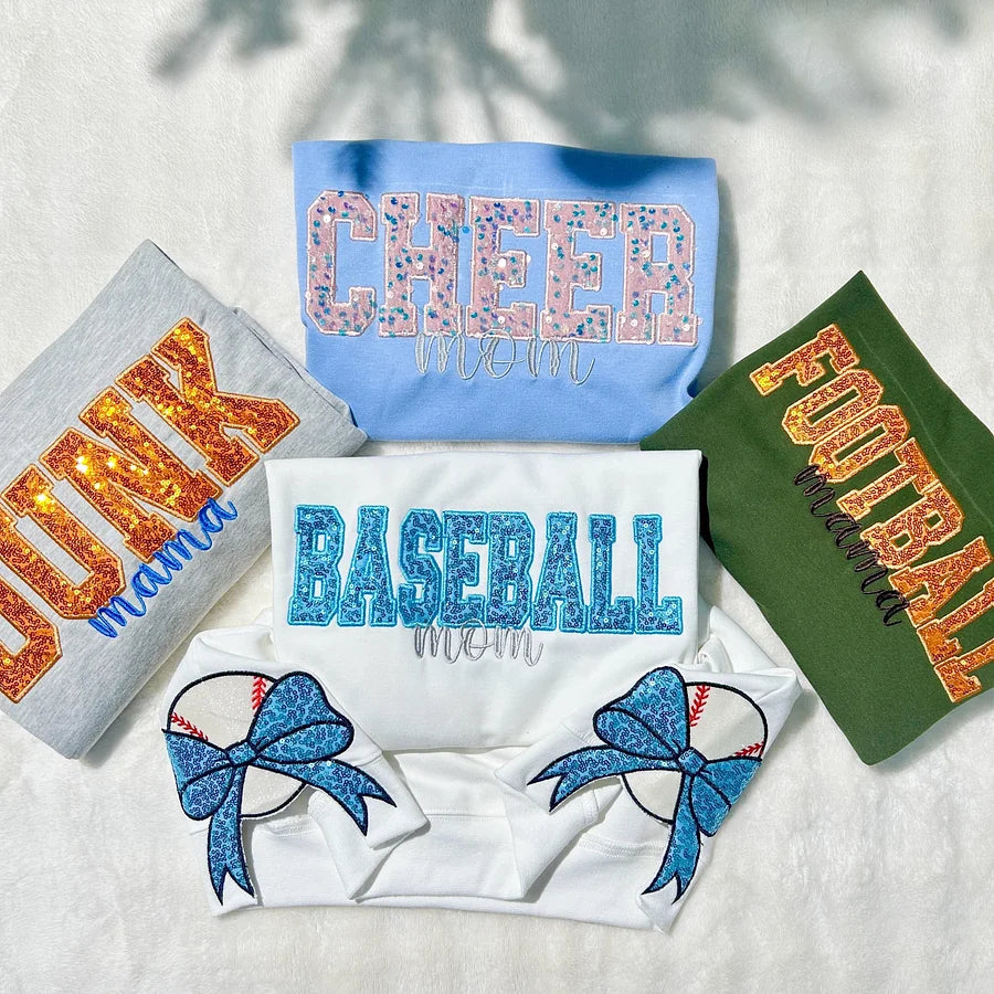 Personalized Sports Mom Sweatshirt Sequin Embroidery with Side Bows
