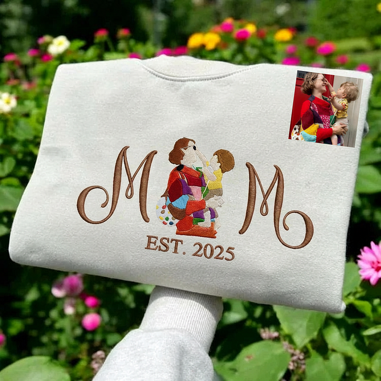Custom Embroidered Mom Sweatshirt with Mom Kids Portrait | Mother's Day Gift