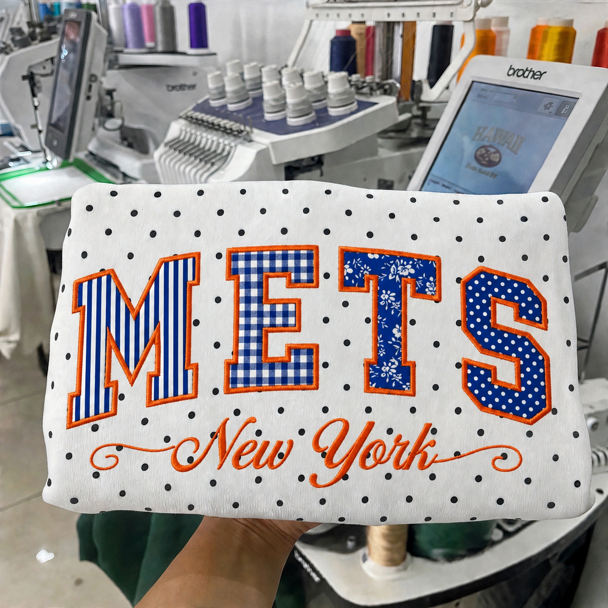 Custom Embroidered Patchwork Mix Fabric Baseball Team Polka Dot Sweatshirt | Game Day Wear
