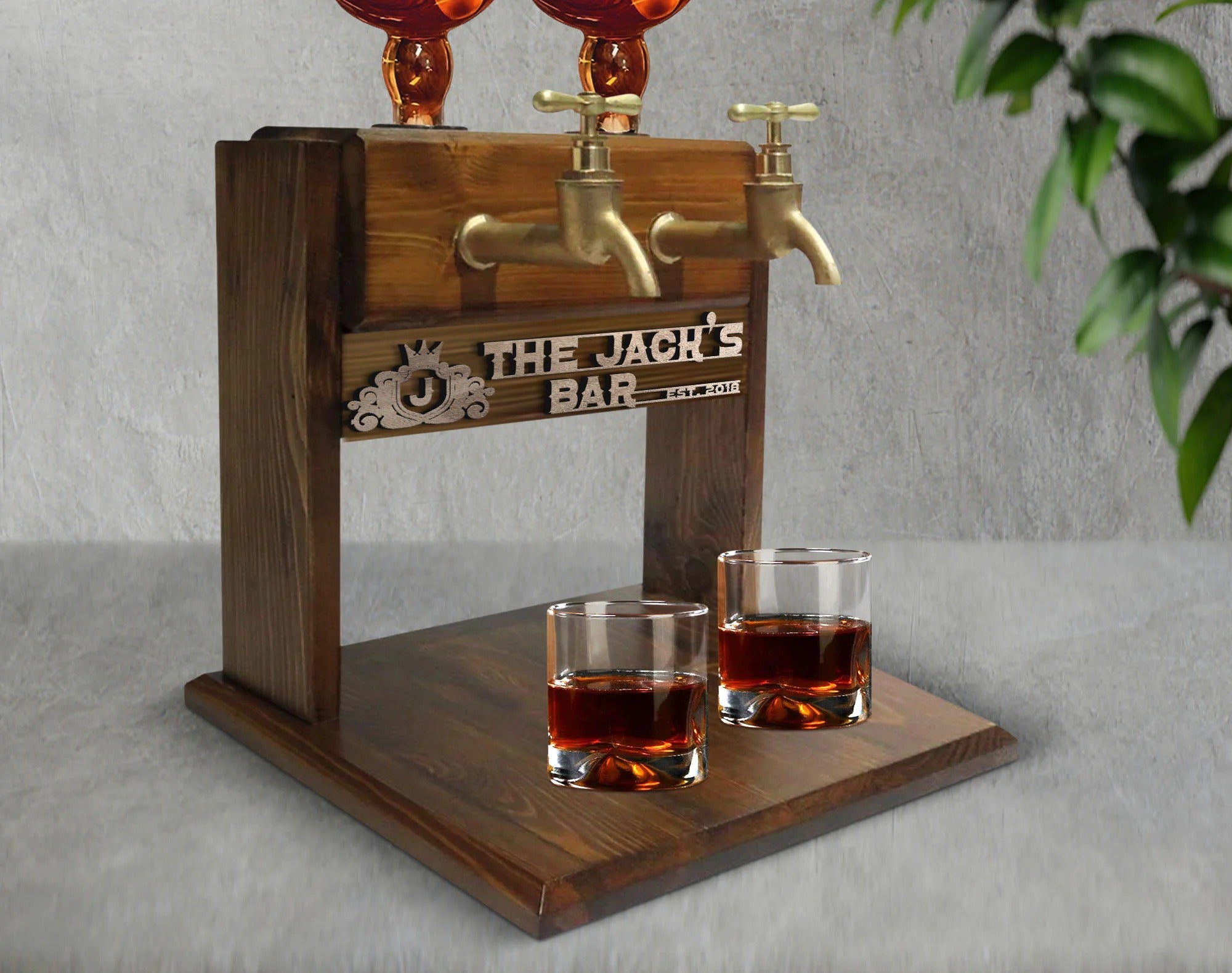 Personalized Embossed Named Wooden Double Faucet Whiskey Dispenser, Bar, Home Bar, Pub and Pub Shed, Wine, Vodka, Liquor Dispenser