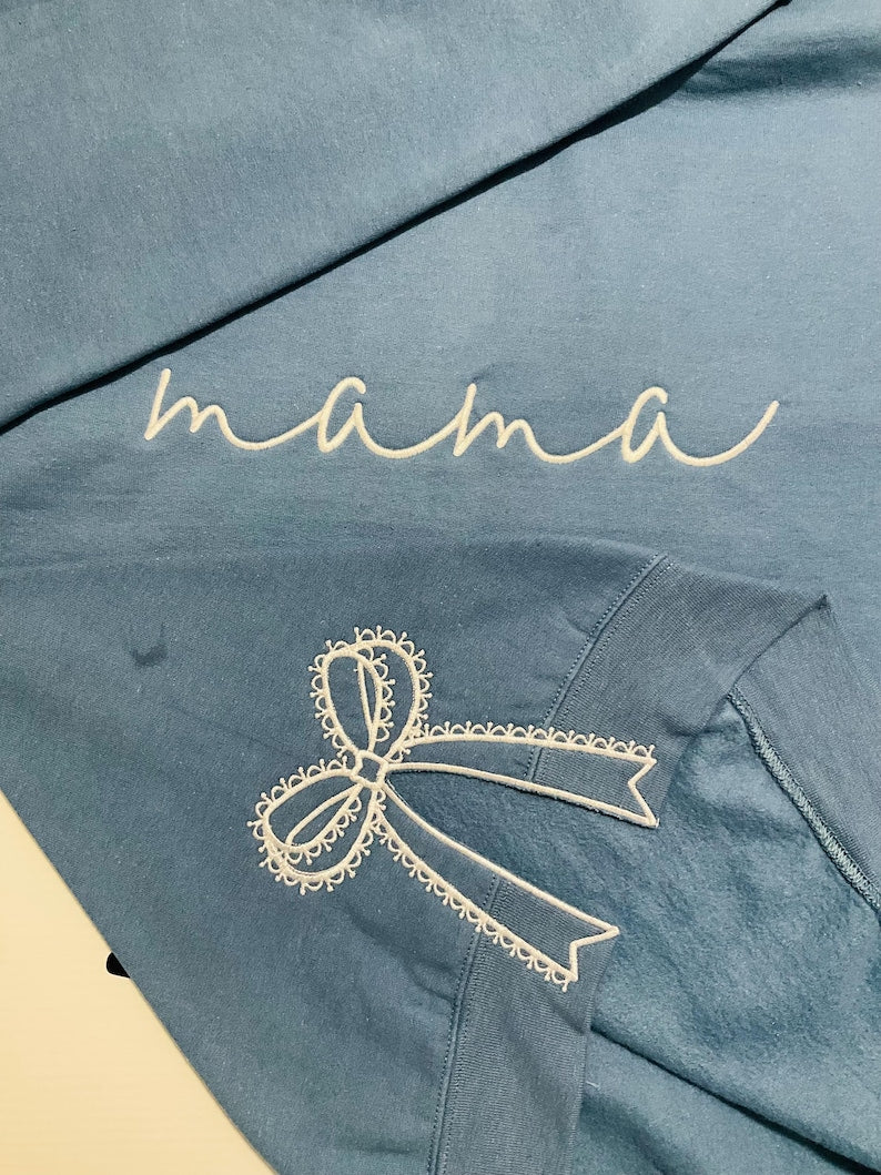 Custom Embroidered Mom Sweatshirt With Lace Side Bow Design | Mother's Day Gift