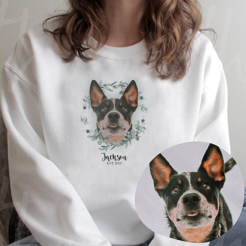 Personalized Custom Pet Dog Face Portrait Floral Wreath T-shirt Sweatshirt Hoodie For Pet Lovers