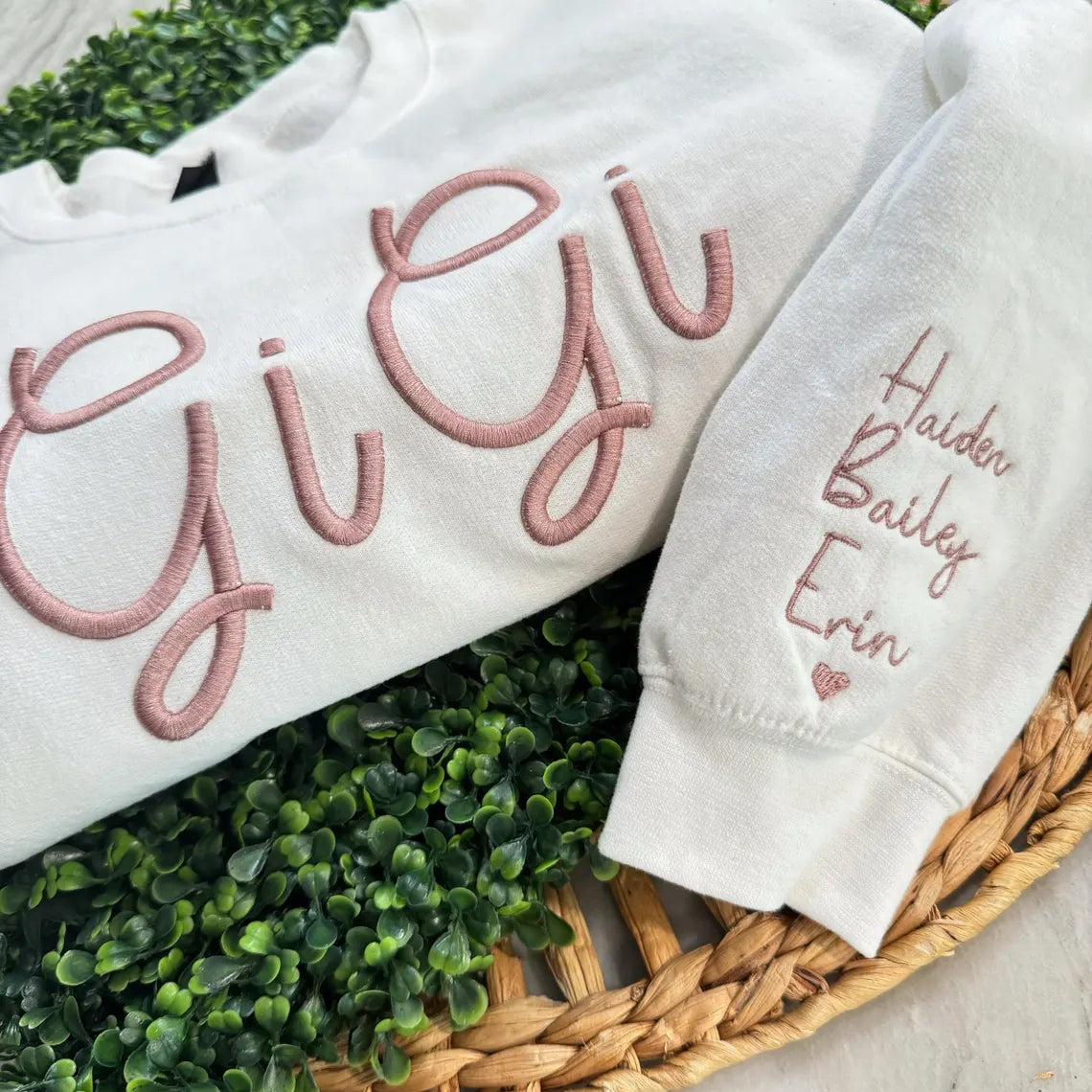 Custom 3D Puff Embroidered Sweatshirt with Kids Names on Sleeve for Mama, GiGi