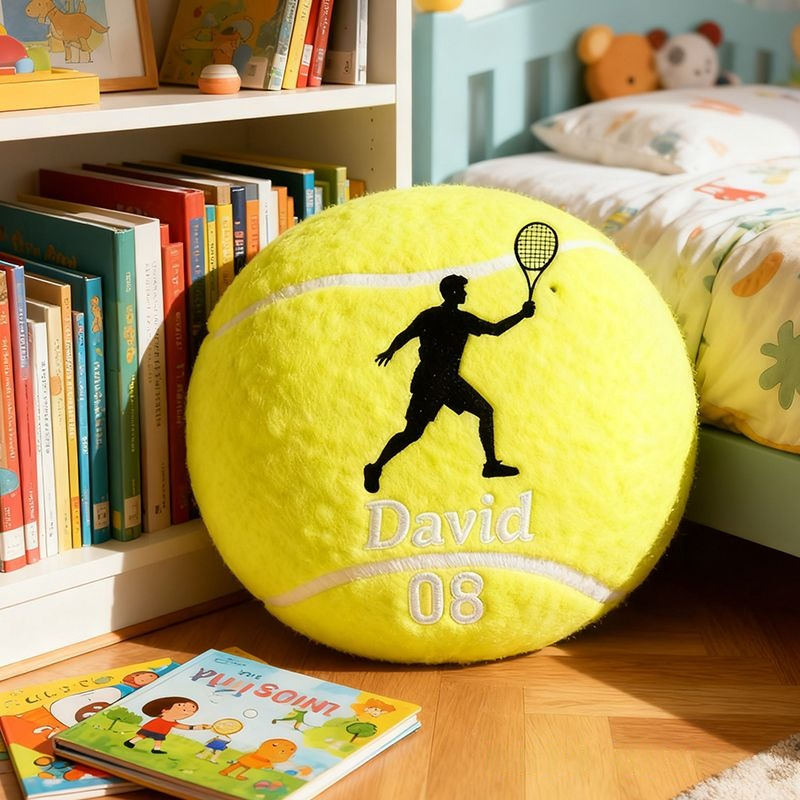 Personalized Tennis Ball Pillow with Player Graphic and Custom Details for Sports Fans
