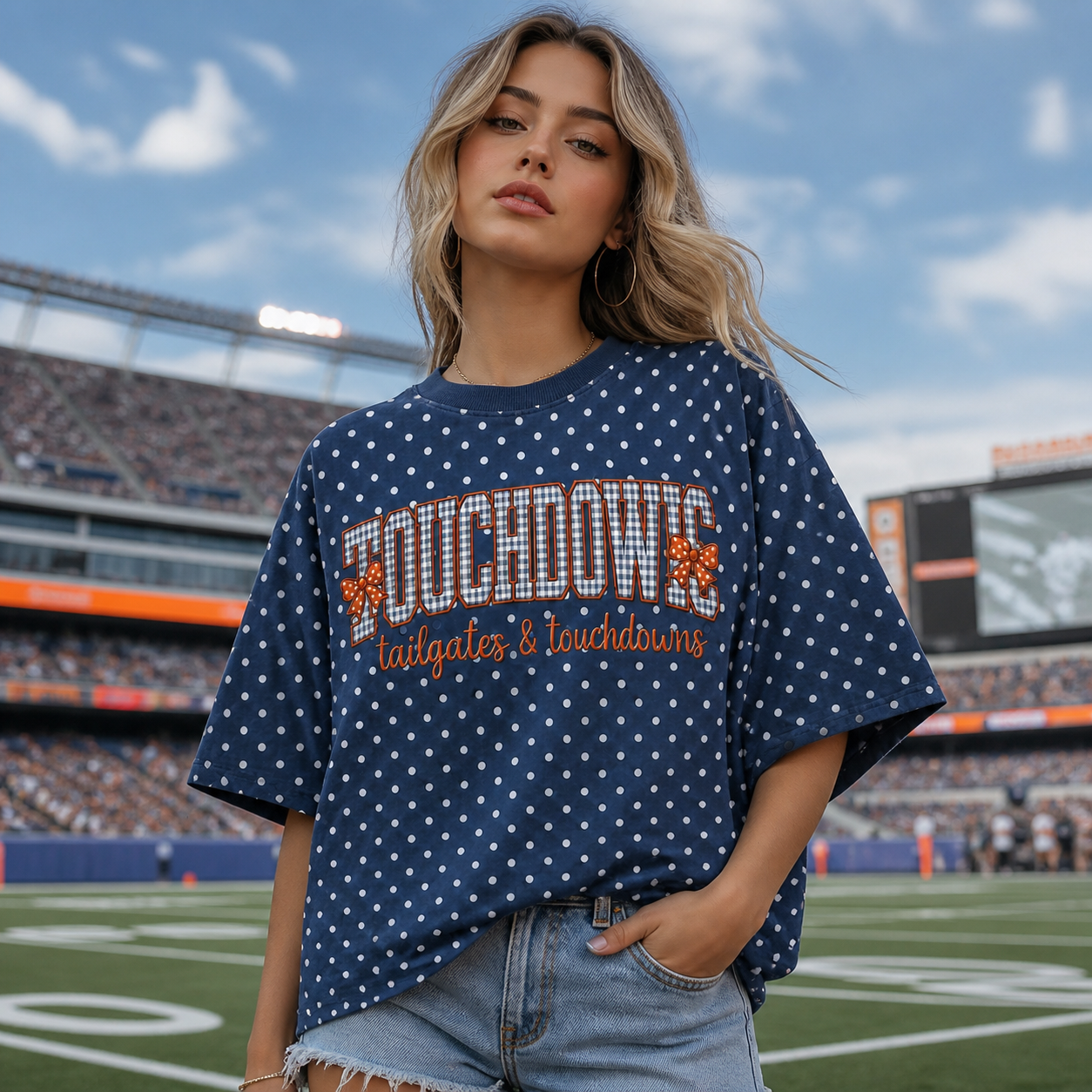 Custom Applique Embroidery Gameday Polka Dot T-shirt – Made for the One Who Cheers Loudest | Game Day Wear