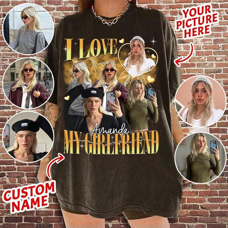 Custom Photo I Love My Boyfriend/Girlfriend Vintage Style Couple T-Shirt