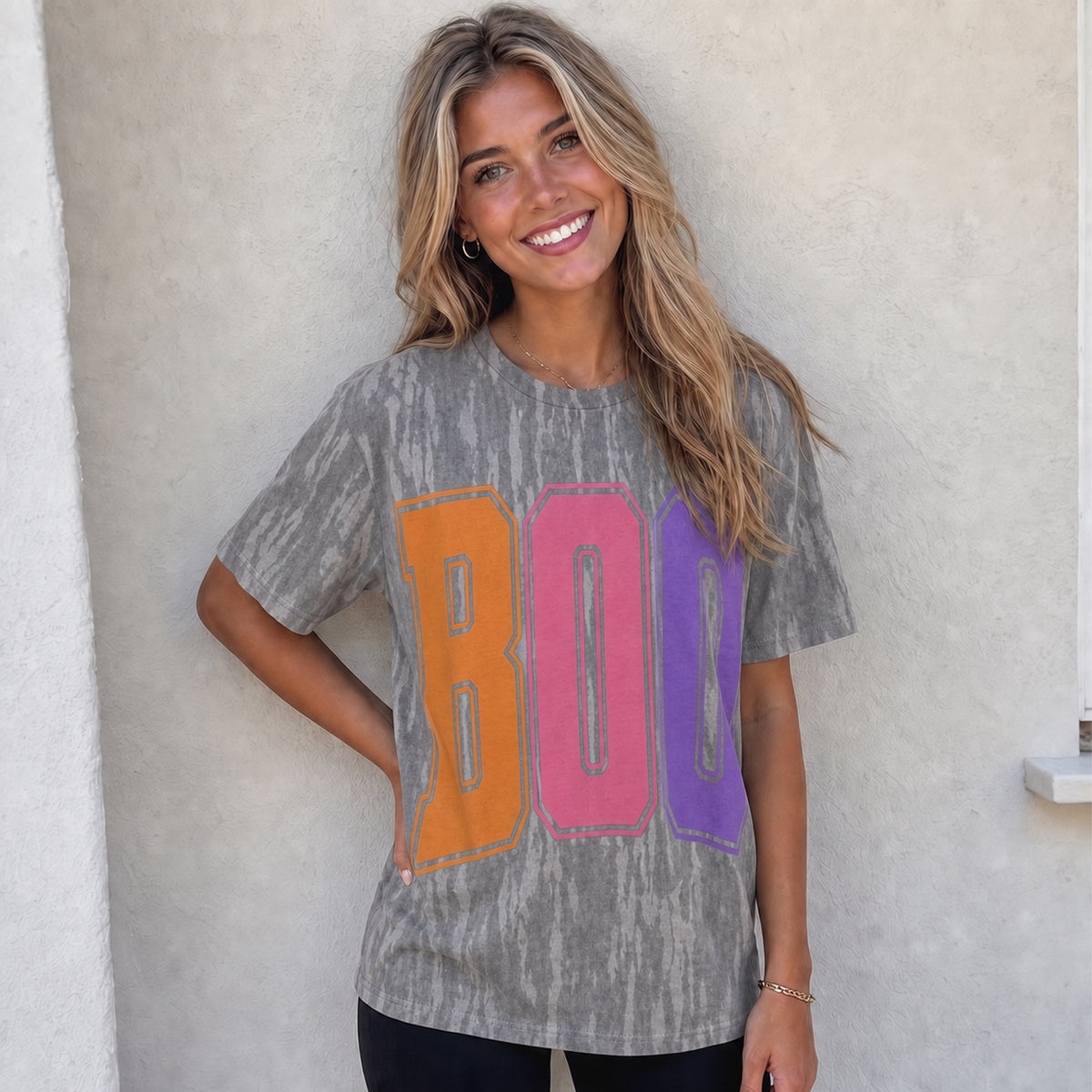 Custom Retro Varsity "BOO" Print Tee – Vintage Halloween Graphic T-Shirt