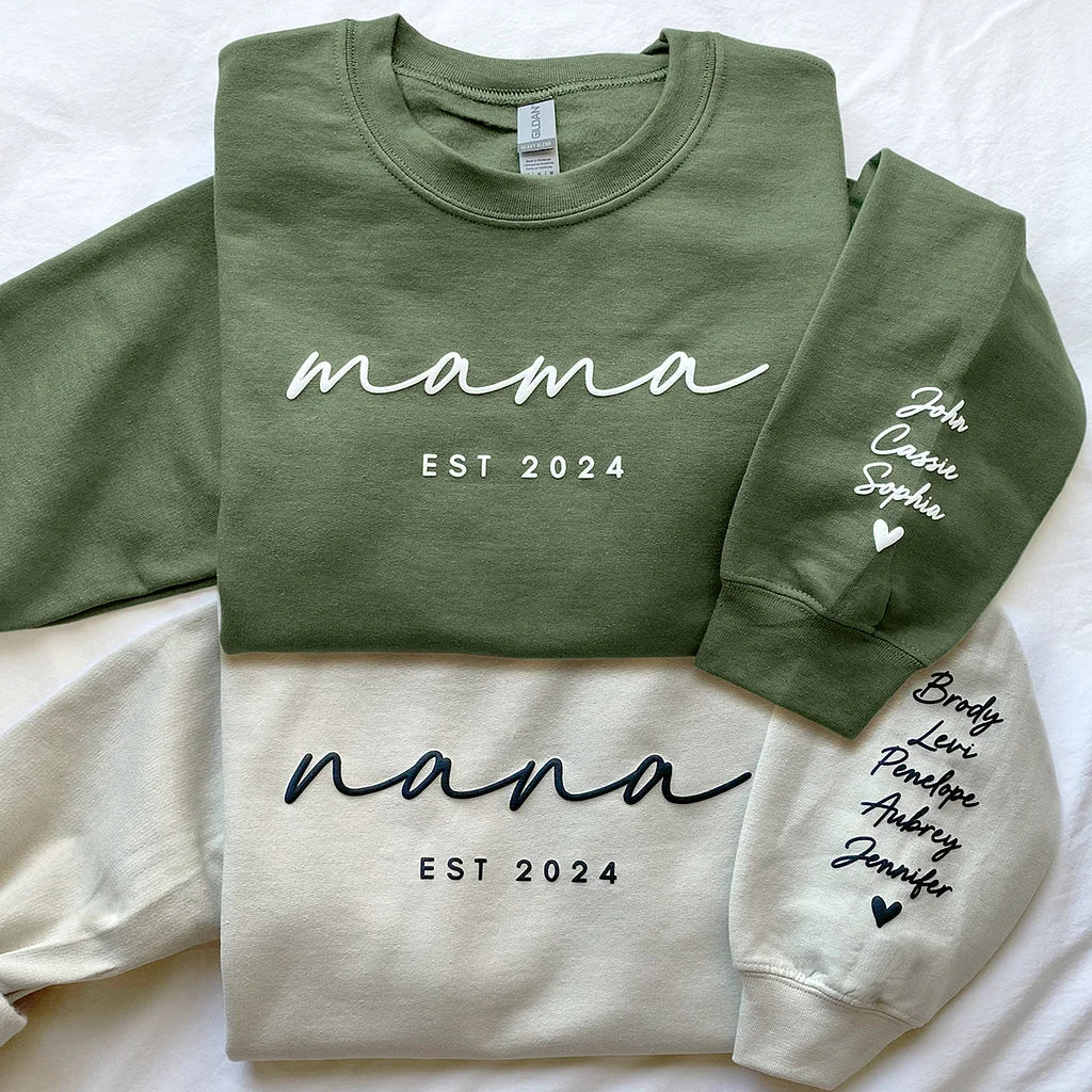 Custom Puff Print Sweatshirt Est Year with Kids Names on Sleeve | for Mama and Grandma Gift