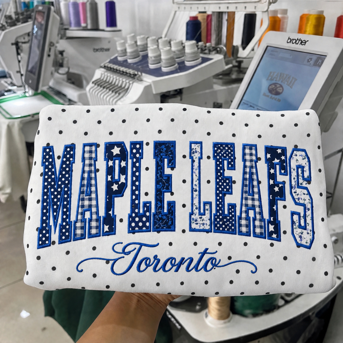 Custom Hockey Team Patchwork Embroidered Polka Dot Sweatshirt | Hockey Fan Game Day Gear