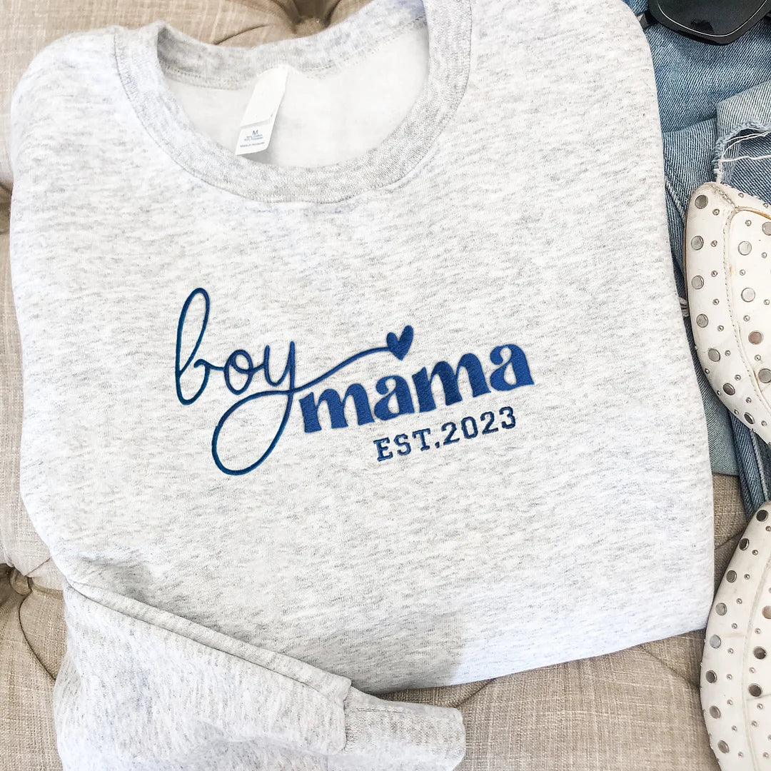 Custom Boy & Girl Mama Est Date Embroidered Sweatshirt | Mother's Day Gift